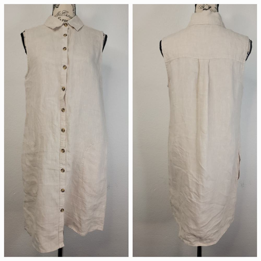 Adrienne Vittadini Button Up Shirt Dress Womens Small 100% Linen Beachy Cottage